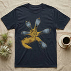 Macro illustration of a gecko's forefoot from underneath, ribbed blue-grey lamellae toe pads fanned against amber-gold scale texture, no on-shirt text. — shown on a Navy tee.