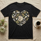 Black t-shirt with heart-shaped floral and leaf design featuring a sugar glider.