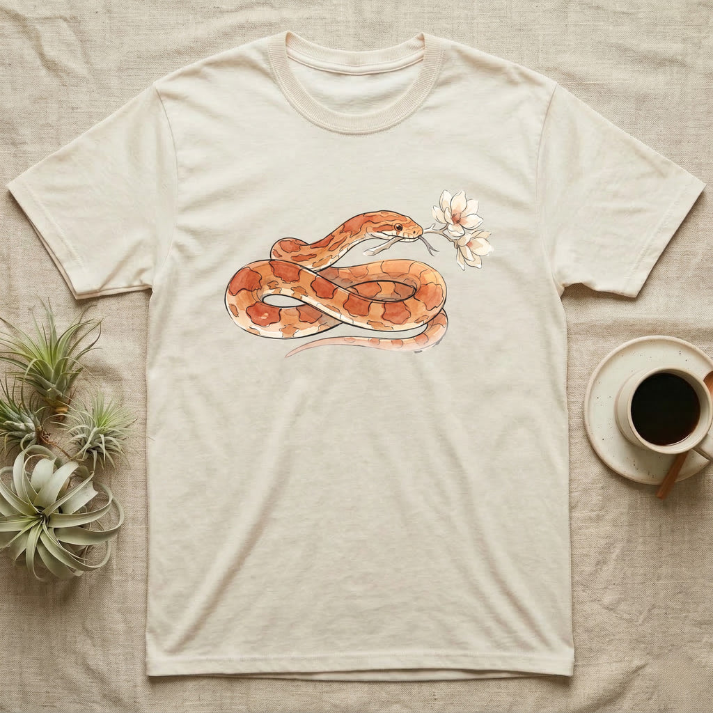 Corn Snake Blossom T-Shirt in Natural — Watercolor illustration of an orange-and-cream corn snake holding a magnolia blossom sprig, on a dark grey t-shirt.