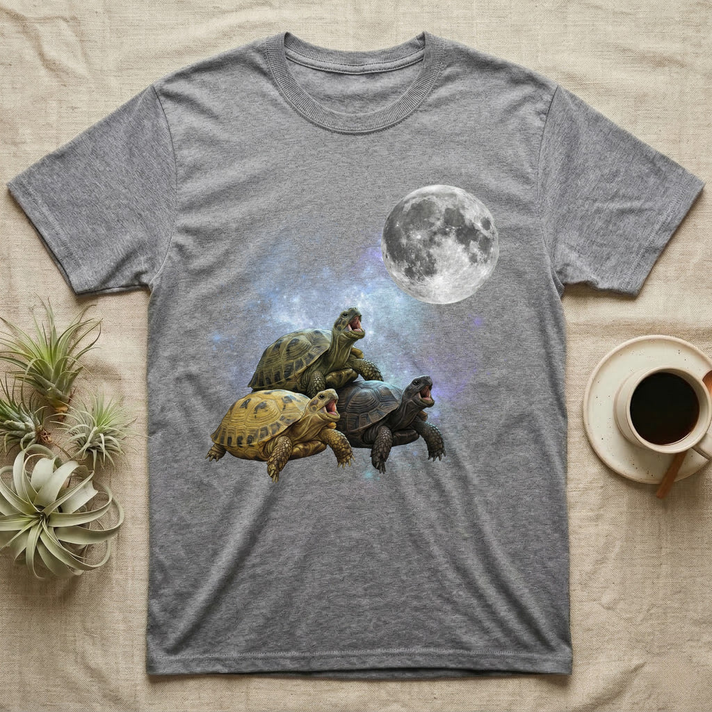 Russian Tortoise Moon Howl T-Shirt in Sport Grey — Three Russian Tortoise colour morphs howling at a full moon over a nebula on a dark grey t-shirt.