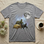 Russian Tortoise Moon Howl T-Shirt in Sport Grey — Three Russian Tortoise colour morphs howling at a full moon over a nebula on a dark grey t-shirt.