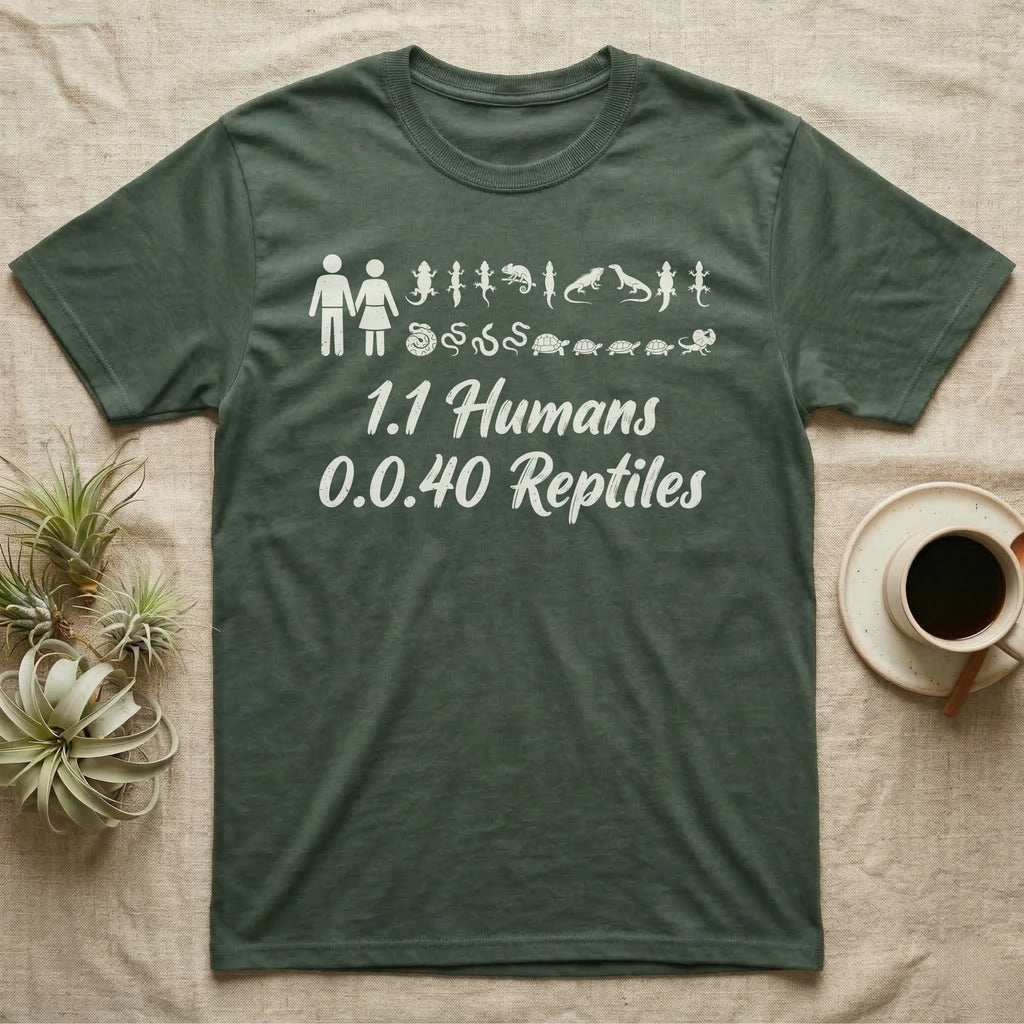 Reptile Family Decal T-Shirt in Military Green — Stick-figure family decal of two humans beside two rows of reptile stickers, over script reading 1.1 Humans 0.0.40 Reptiles