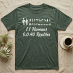 Reptile Family Decal T-Shirt in Military Green — Stick-figure family decal of two humans beside two rows of reptile stickers, over script reading 1.1 Humans 0.0.40 Reptiles