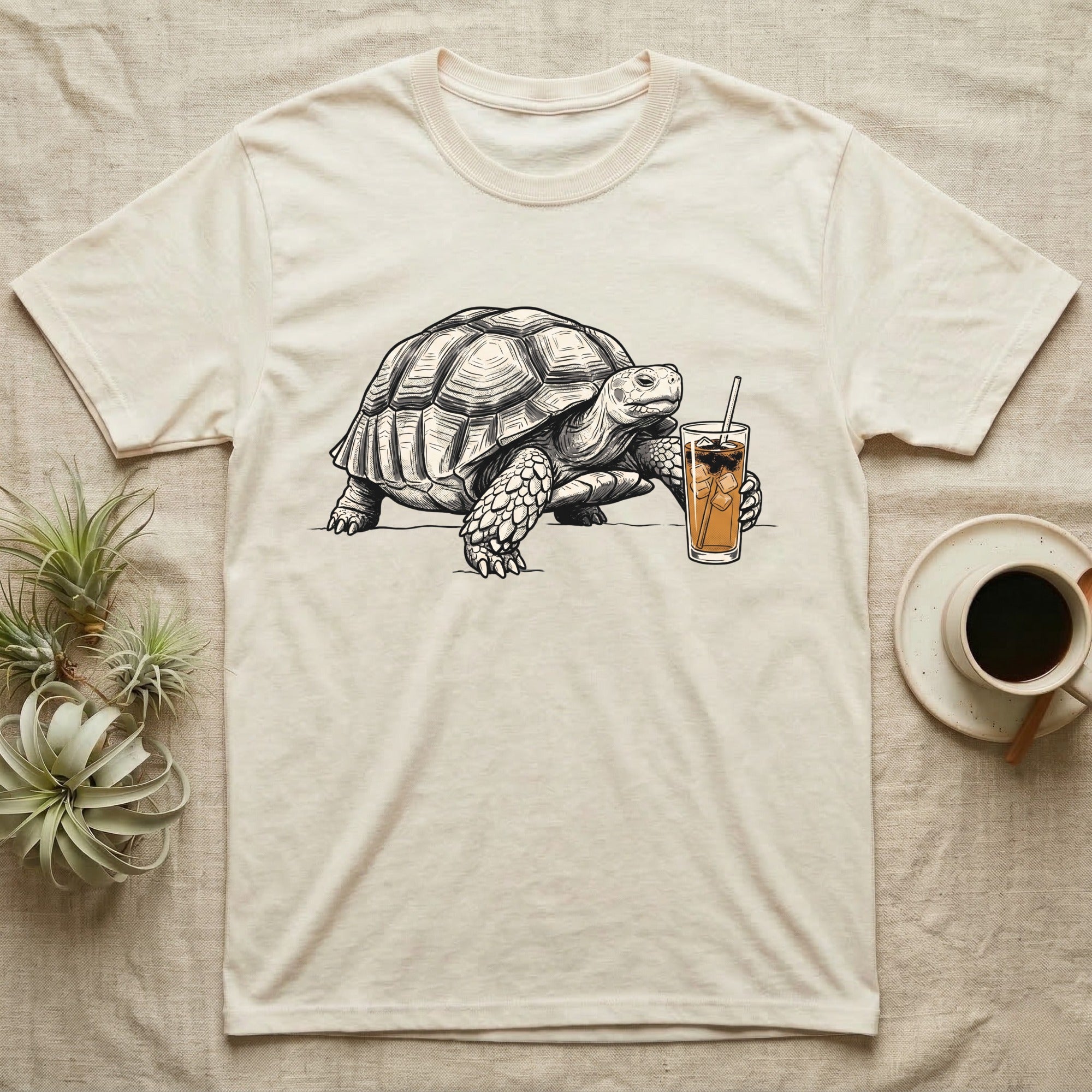 Slow Drip Tortoise T-Shirt in Natural — Flat meme-style illustration of a sulcata tortoise reaching slowly toward a tall iced slow-drip coffee.