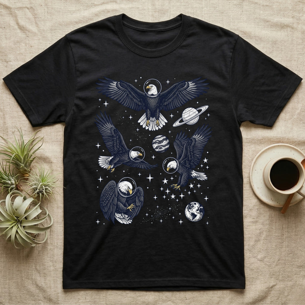 Black t-shirt with stylized eagles in space suits among planets and stars.