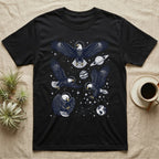 Black t-shirt with stylized eagles in space suits among planets and stars.