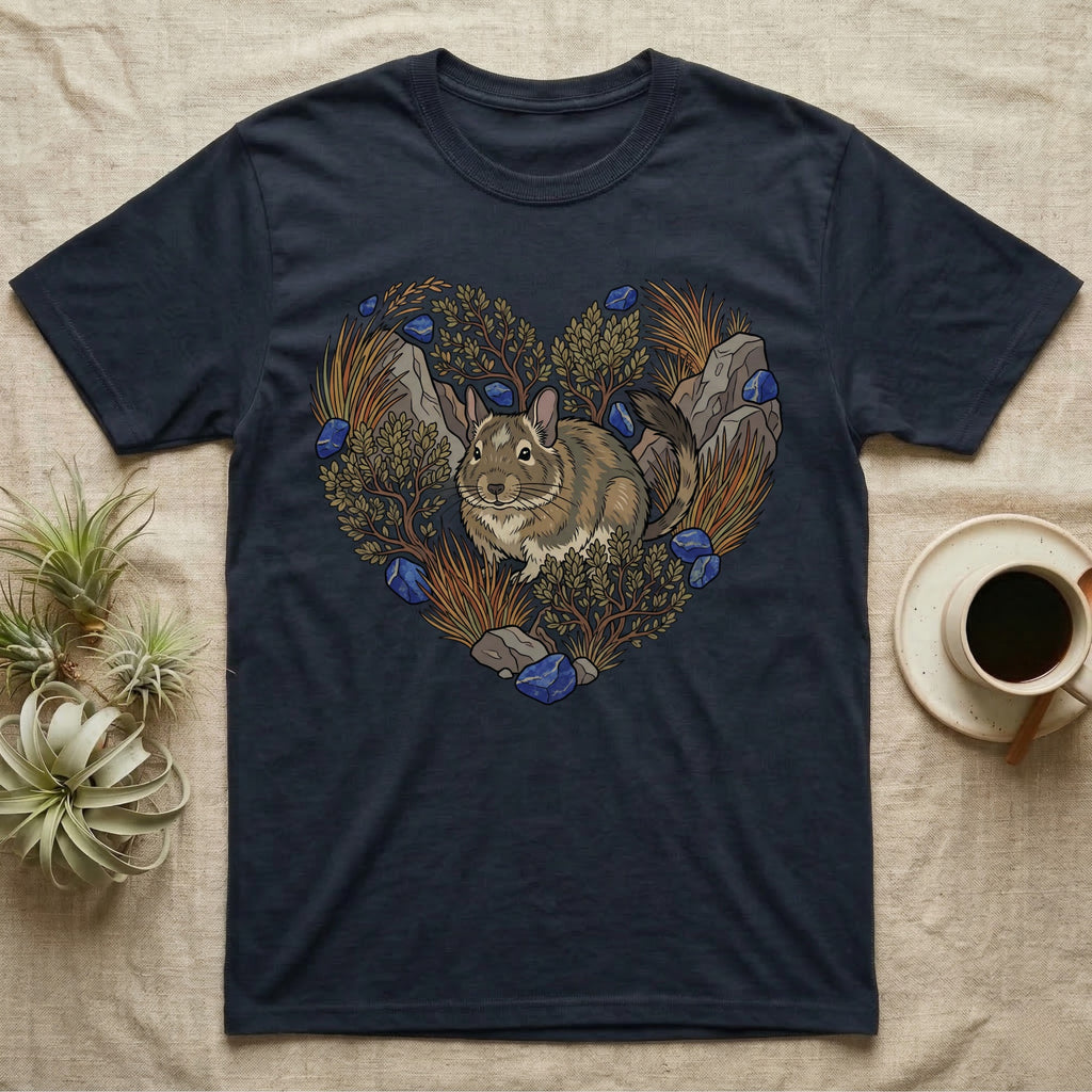 Dark blue t-shirt with a chinchilla illustration inside a heart-shaped floral wreath.