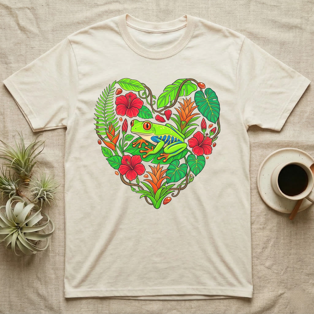 Cream t-shirt with a heart-shaped design of tropical leaves, flowers, and a frog.