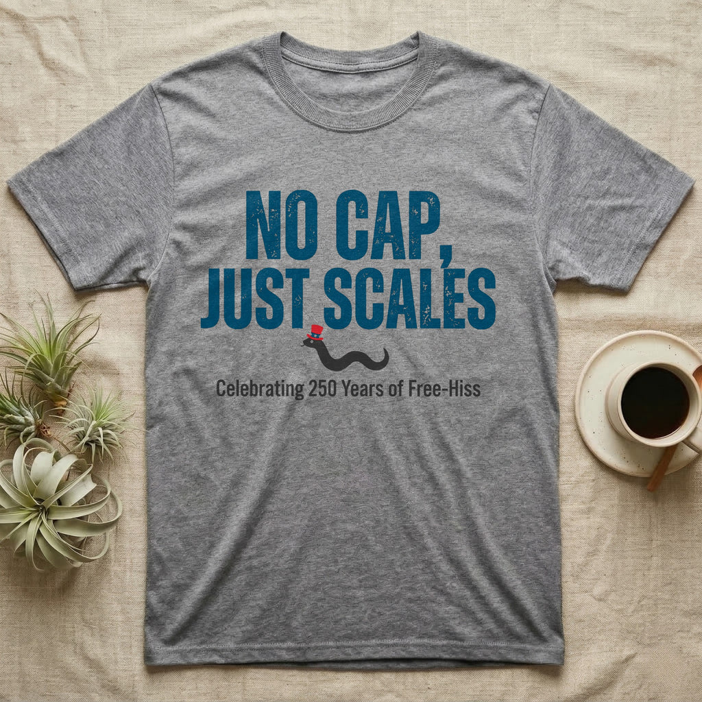 Rattlesnake No Cap T-Shirt in Sport Grey — Big distressed text No Cap Just Scales over a tiny snake in a red top hat with 250 Years of Free-Hiss below.