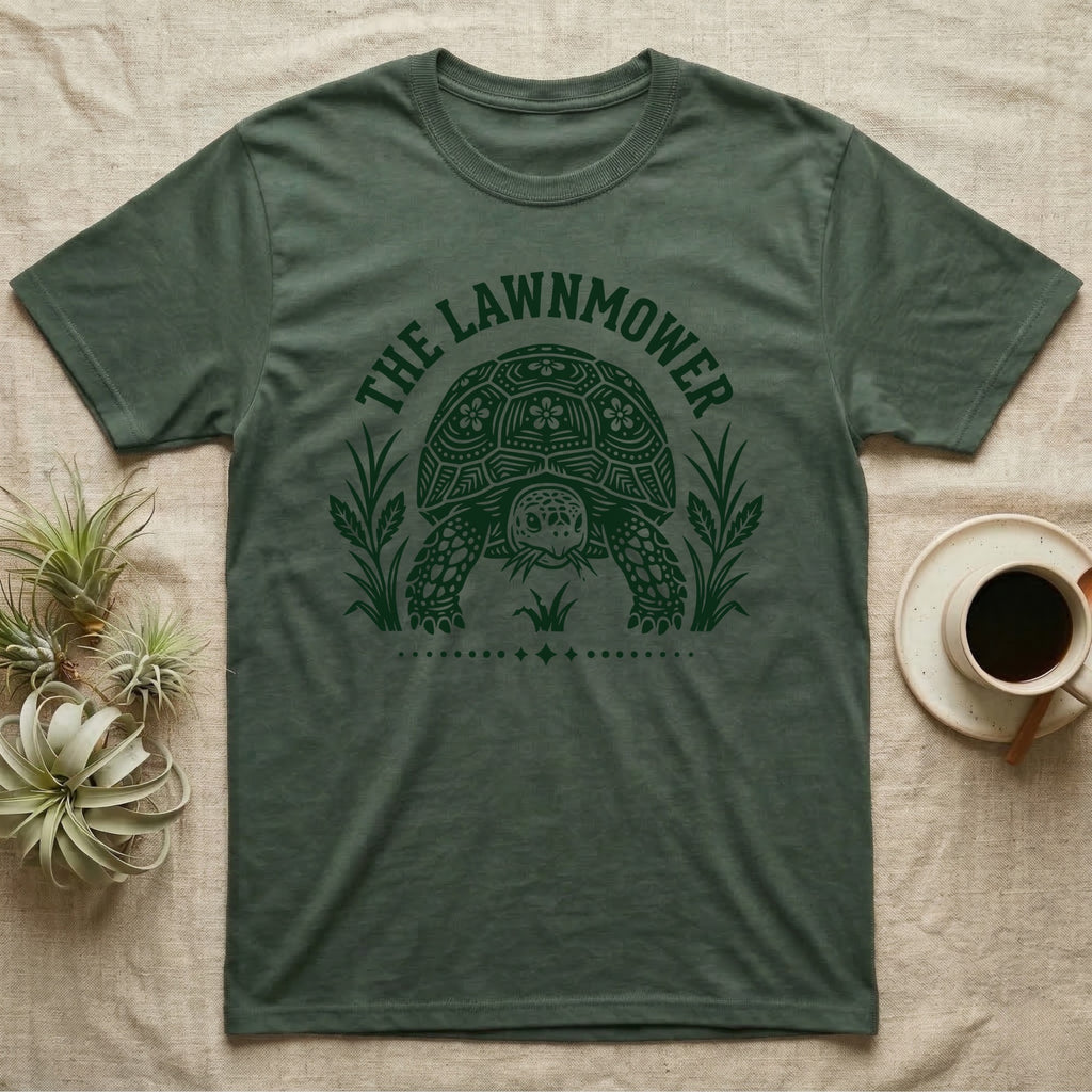 Sulcata Tortoise Under Lawn T-Shirt in Military Green — Engraved sulcata tortoise in white line, head down and legs braced mid-dig, under retro script reading UNDER THE LAWN.