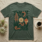 African Millipede Botanical T-Shirt in Military Green — Flat cut-paper botanical panel in navy, brick red and blush with three giant African millipedes coiled among the leaves.