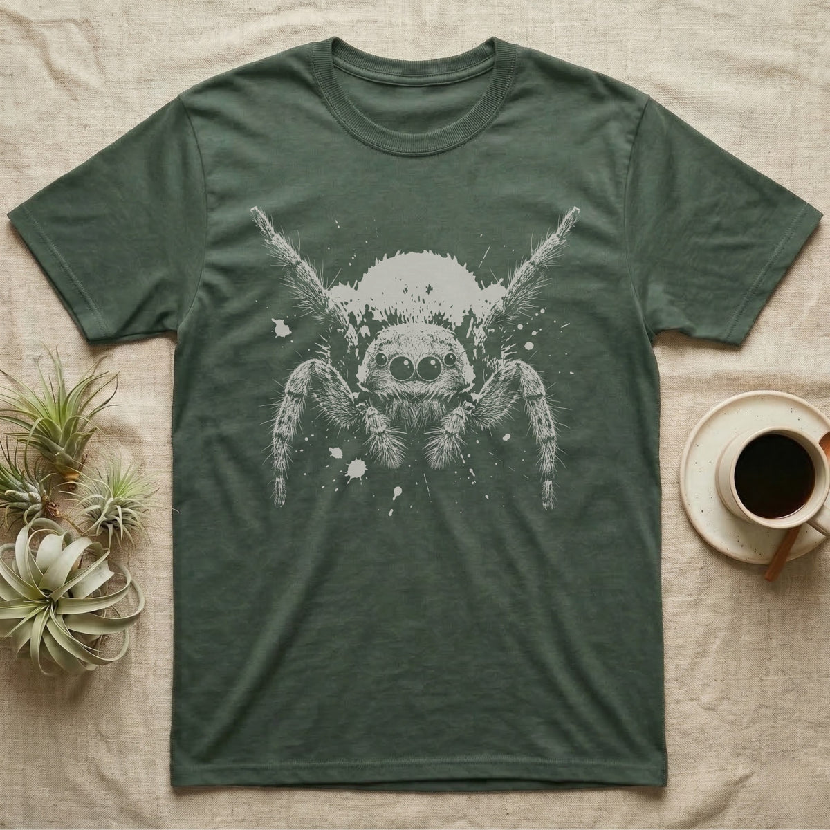 Velvet Spider Macro Portrait T-Shirt in Military Green — High-contrast one-ink macro portrait of a velvet spider facing forward, front legs raised, on black.