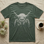 Velvet Spider Macro Portrait T-Shirt in Military Green — High-contrast one-ink macro portrait of a velvet spider facing forward, front legs raised, on black.