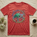 Red-Eared Slider Union Break T-Shirt in Heather Red — Y2K cartoon red-eared slider turtle in sunglasses with chrome "Union Break Expert 100% Certified" lettering.