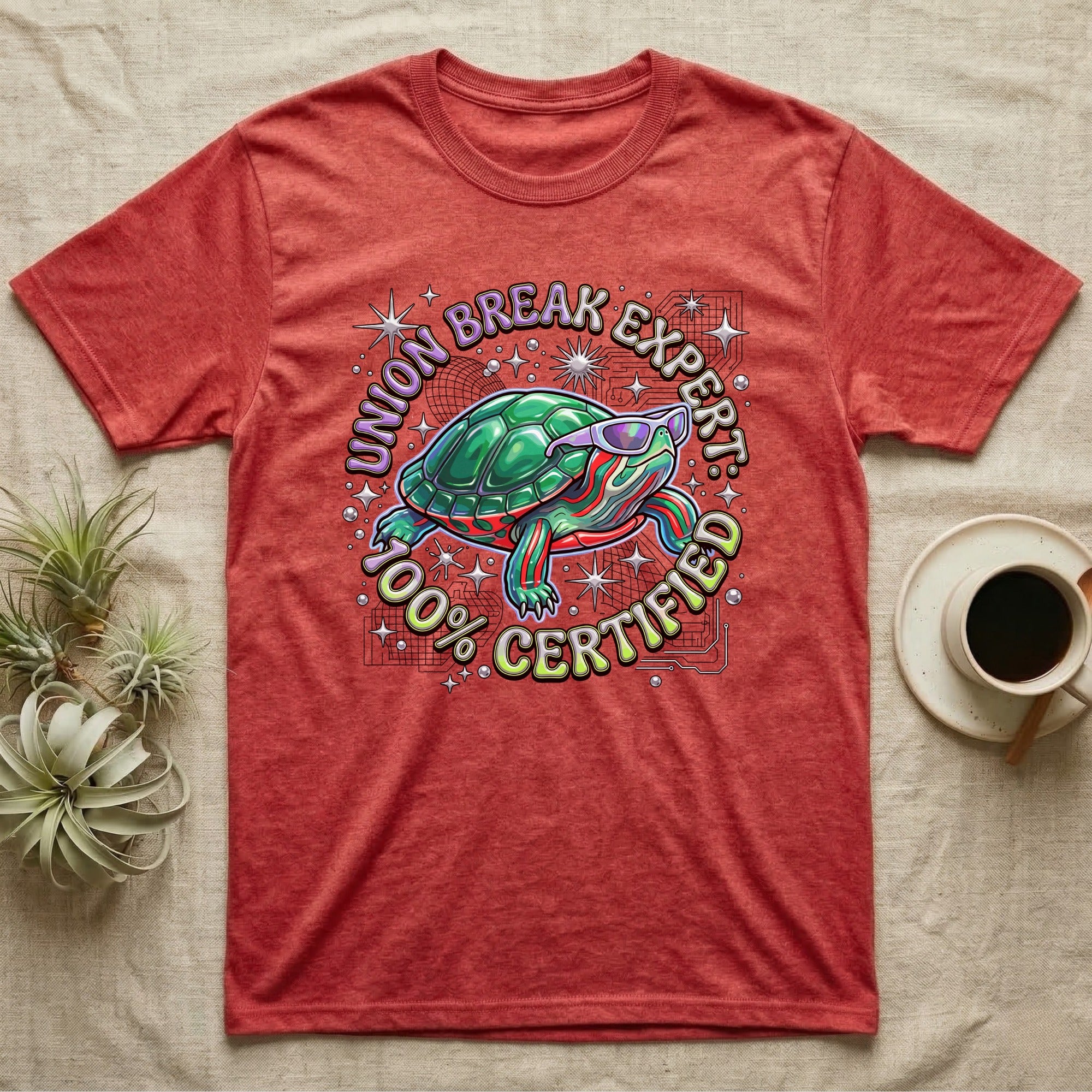 Red-Eared Slider Union Break T-Shirt in Heather Red — Y2K cartoon red-eared slider turtle in sunglasses with chrome "Union Break Expert 100% Certified" lettering.