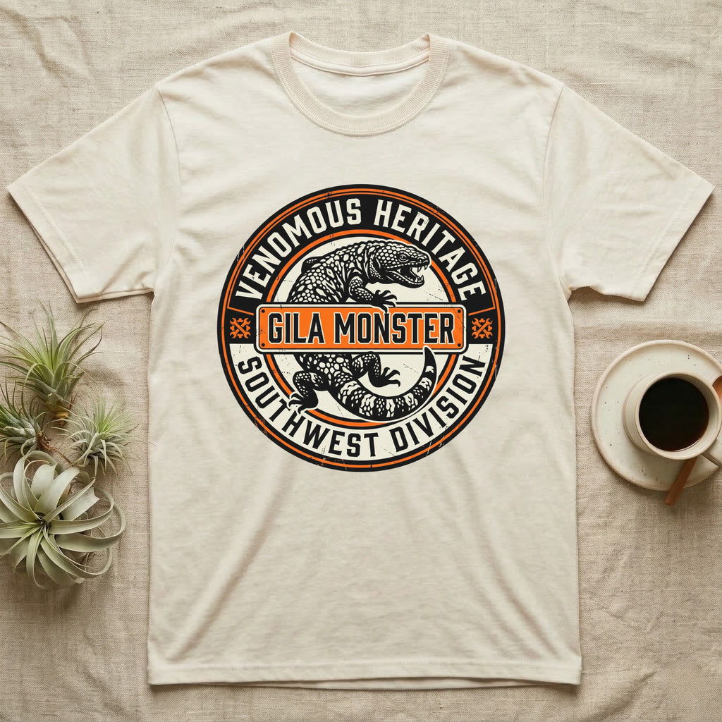 Cream t-shirt with circular "Venomous Heritage Southwest Division Gila Monster" graphic.