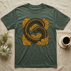 Green t-shirt with a stylized yellow centipede design surrounded by clouds.