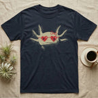 Axolotl Heart Glasses T-Shirt in Navy — An axolotl's face with red marker heart-shaped sunglasses and a bow drawn on the glass.