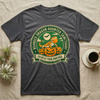 Bearded Dragon Haunted Sanctuary T-Shirt in Dark Heather — Vintage badge of a bearded dragon on glowing pumpkins under a moon, "Bearded Dragon Haunted Sanctuary."