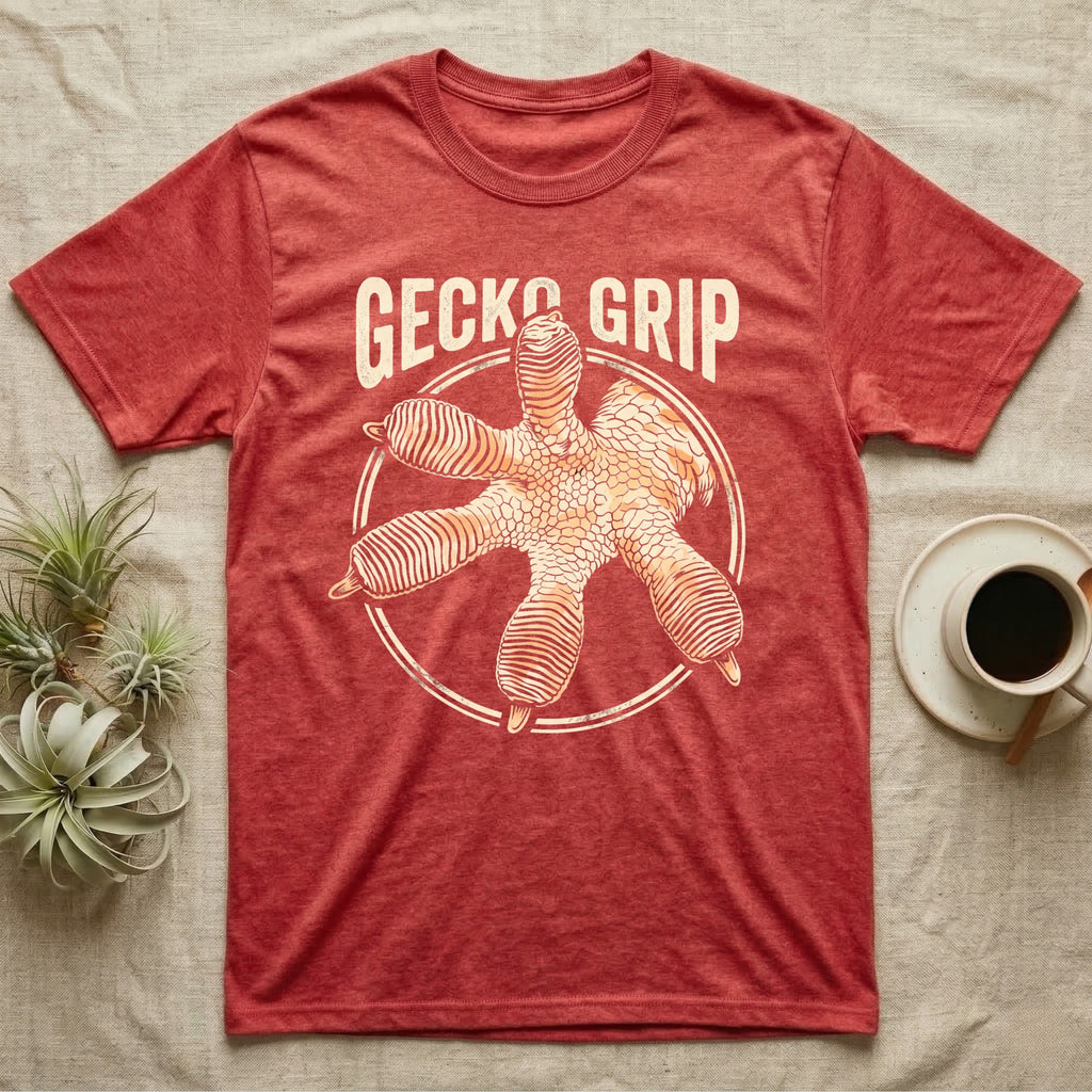 Macro badge illustration of a gecko's splayed foot with ribbed adhesive toe pads inside a distressed circular border, arched wordmark reading GECKO GRIP. — shown on a Heather Red tee.
