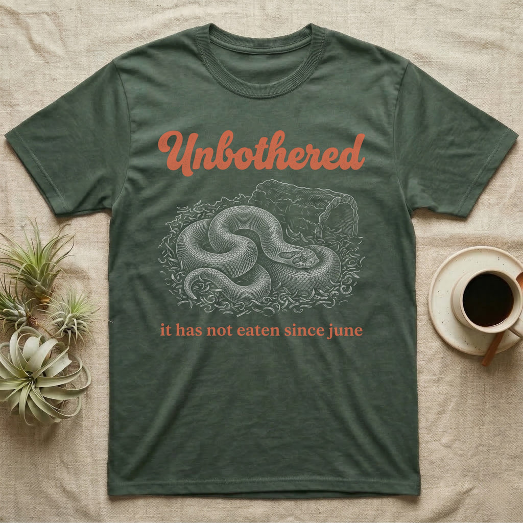 Western Hognose Unbothered T-Shirt in Military Green — White engraved western hognose snake coiled in loose substrate beside a hide, under the word Unbothered and above it has not eaten since june.
