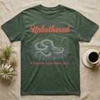Western Hognose Unbothered T-Shirt in Military Green — White engraved western hognose snake coiled in loose substrate beside a hide, under the word Unbothered and above it has not eaten since june.