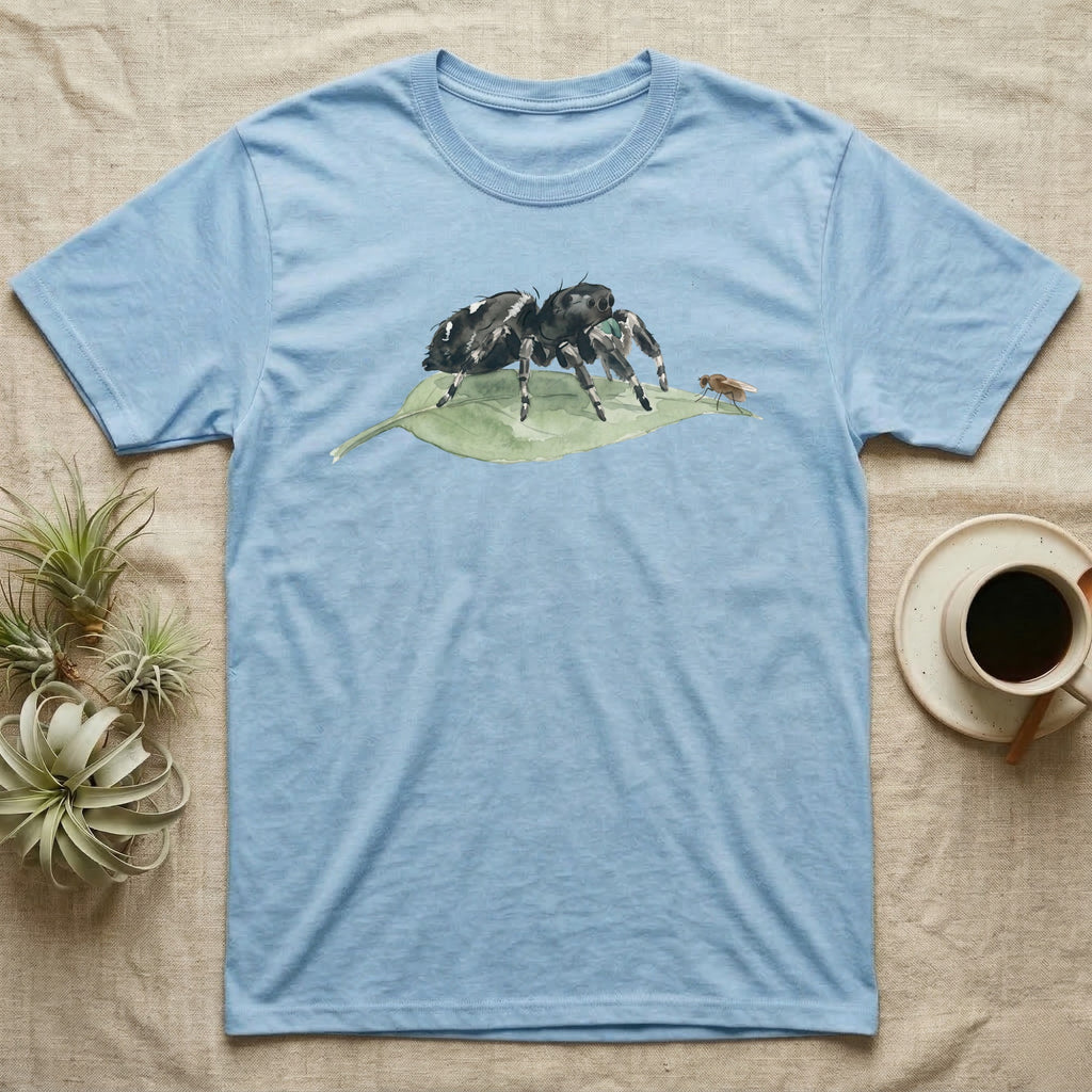 Jumping Spider Watercolour T-Shirt in Light Blue — Watercolour regal jumping spider standing still on a green leaf, watching a single fruit fly perched on the leaf's tip.