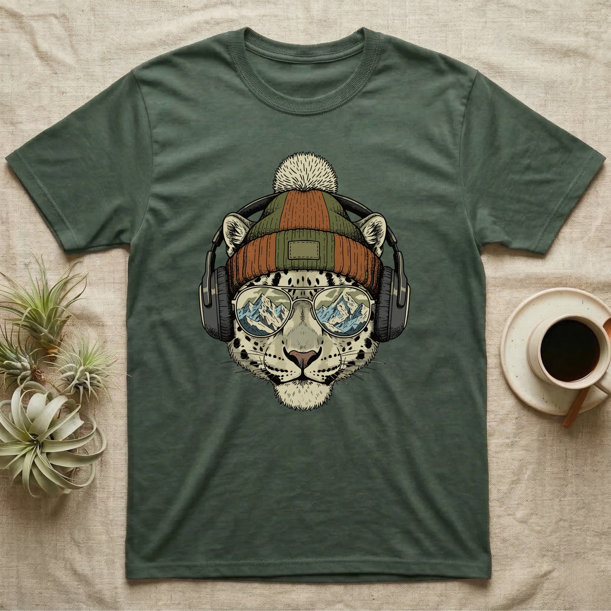 Leopard wearing headphones, sunglasses, and beanie with mountain reflection.