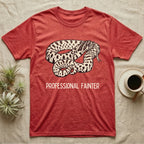 Hognose Professional Fainter T-Shirt in Heather Red — Linocut block-print of a western hognose snake flopped belly-up in a death-feign with professional fainter caption.