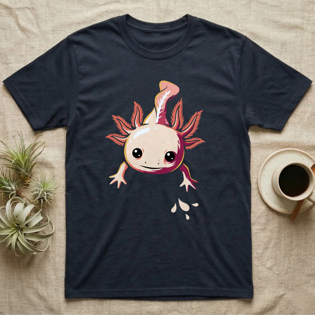 Cute chibi illustration of a smiling cream and coral-pink axolotl floating with splashing water droplets, no on-shirt text. — shown on a Navy tee.
