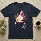 Cute chibi illustration of a smiling cream and coral-pink axolotl floating with splashing water droplets, no on-shirt text. — shown on a Navy tee.