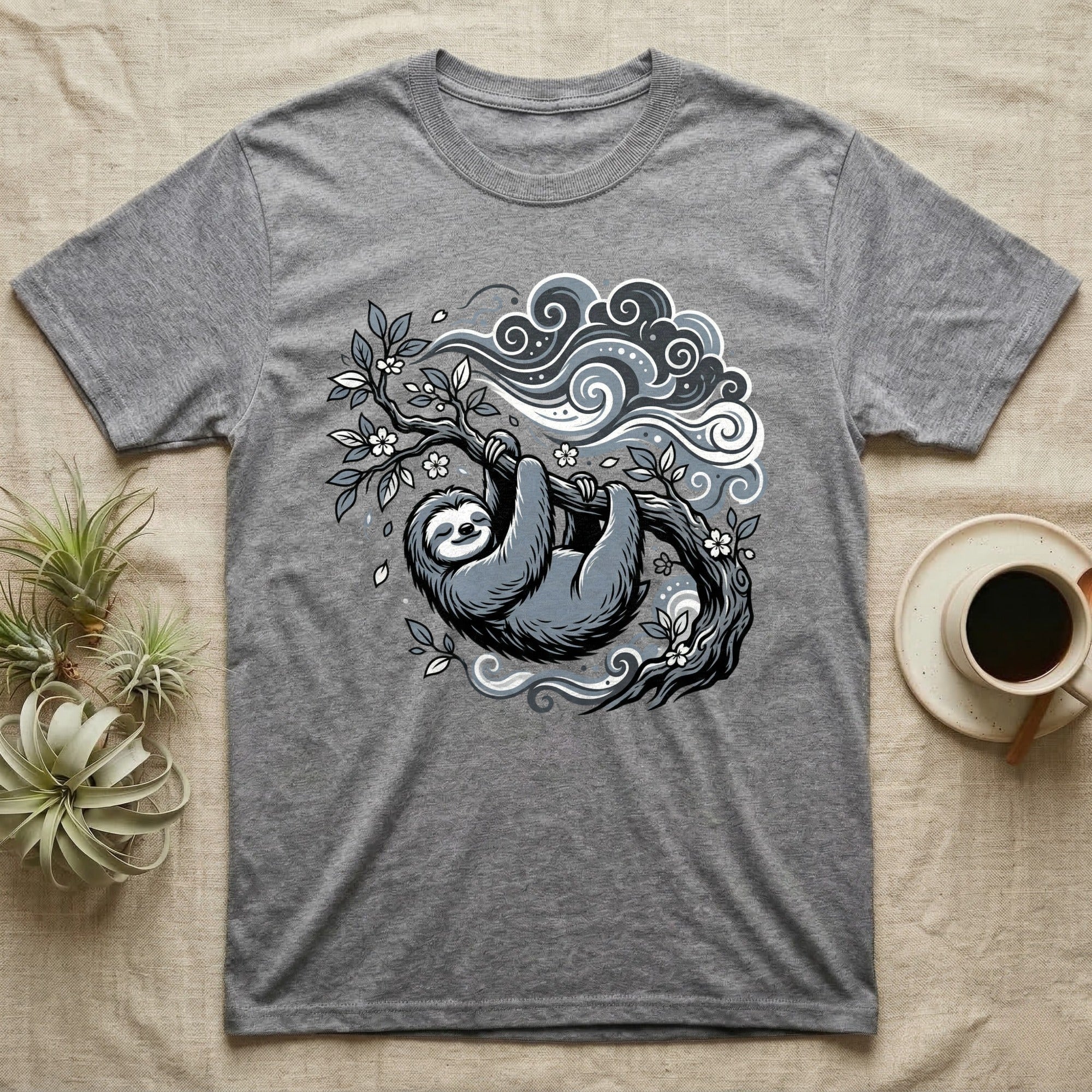 Grey t-shirt with a graphic of a sloth hanging from a tree branch.