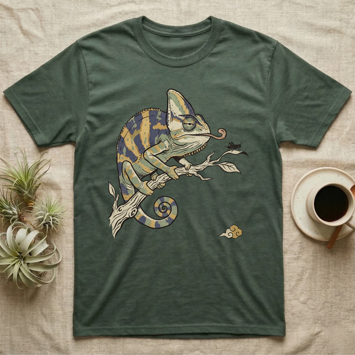 Veiled Chameleon Diet T-Shirt in Military Green — Ukiyo-e woodblock illustration of a veiled chameleon extending its tongue, with a deadpan serif caption beneath the subject.