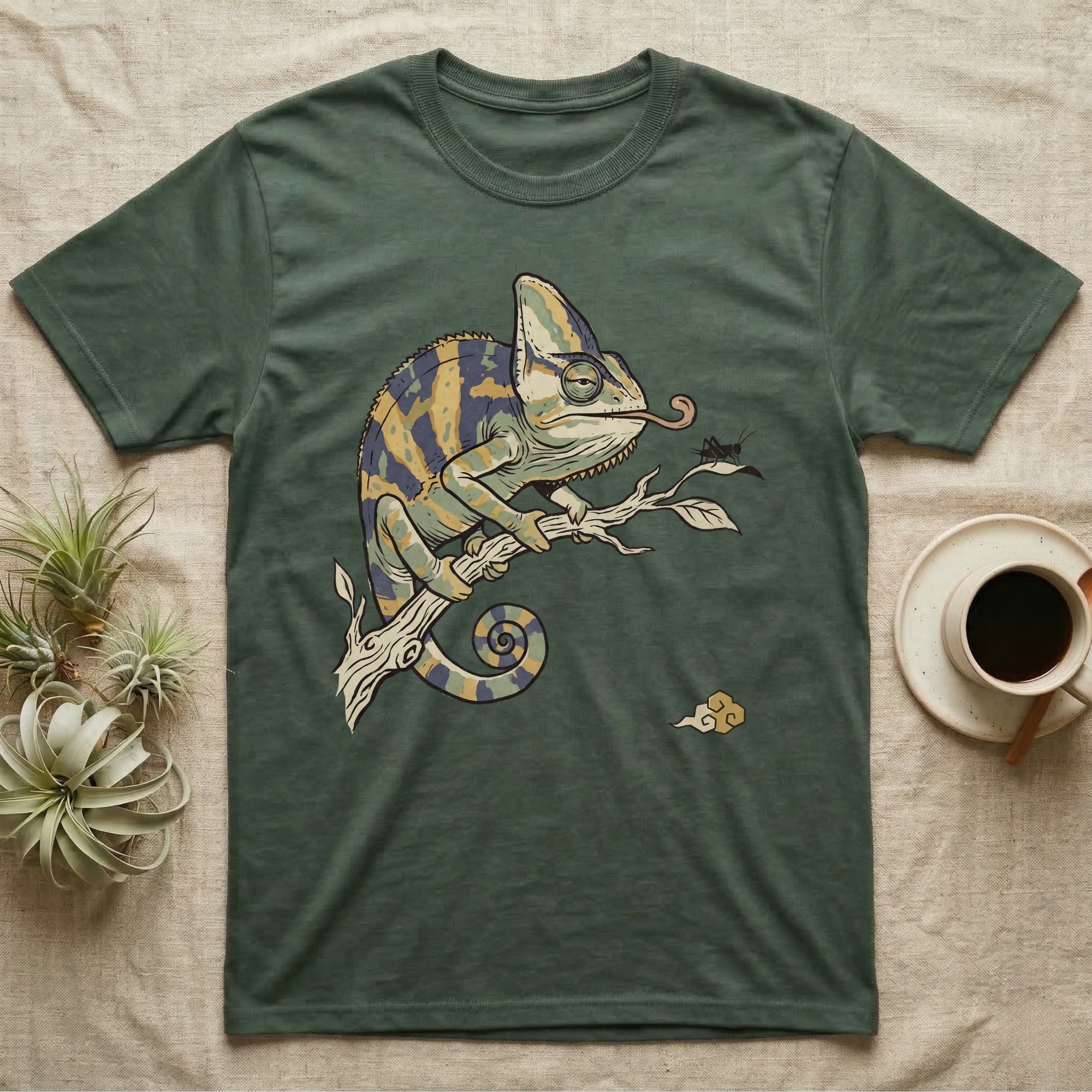 Veiled Chameleon Diet T-Shirt in Military Green — Ukiyo-e woodblock illustration of a veiled chameleon extending its tongue, with a deadpan serif caption beneath the subject.