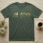 Veiled Chameleon Canopy Crew T-Shirt in Military Green — Watercolor illustration of seven veiled chameleons in different colour phases on a ficus branch, dark grey T-shirt design.
