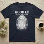 Hognose Hood Up T-Shirt in Navy — Gritty white print of a western hognose reared up front-on with its neck flattened, under the words HOOD UP, leave me alone, on black