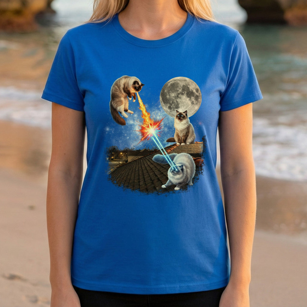 Moon Battle Laser Cats Graphic Short Sleeve T-shirt