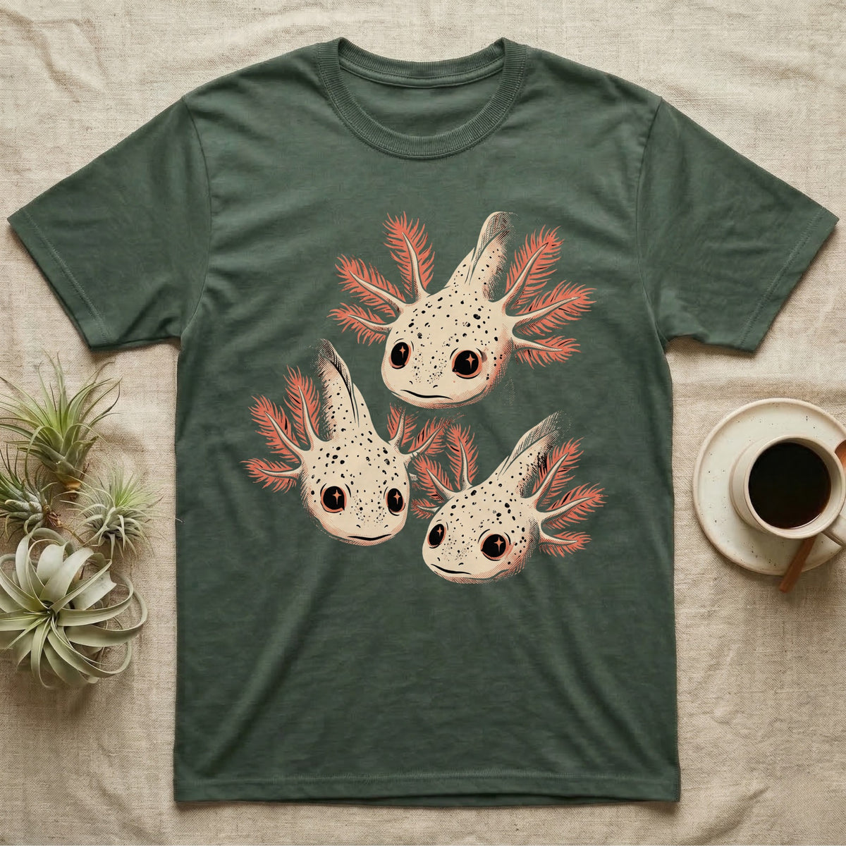 Vintage comic screen-print illustration of three axolotls clustered together with coral feathery gills and sparkling star-highlighted eyes, graphic-only, no text. — shown on a Military Green tee.