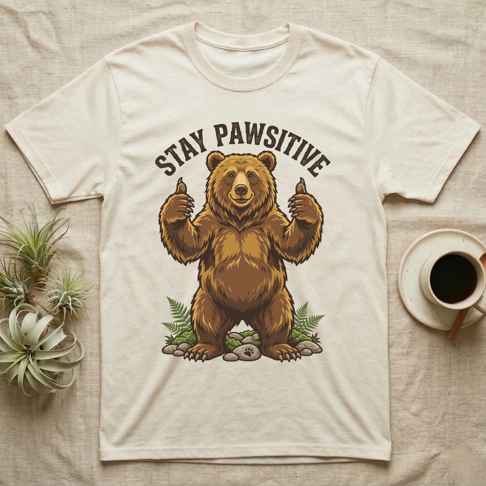 Bear giving two thumbs up with "Stay Pawsitive" text on a cream t-shirt.
