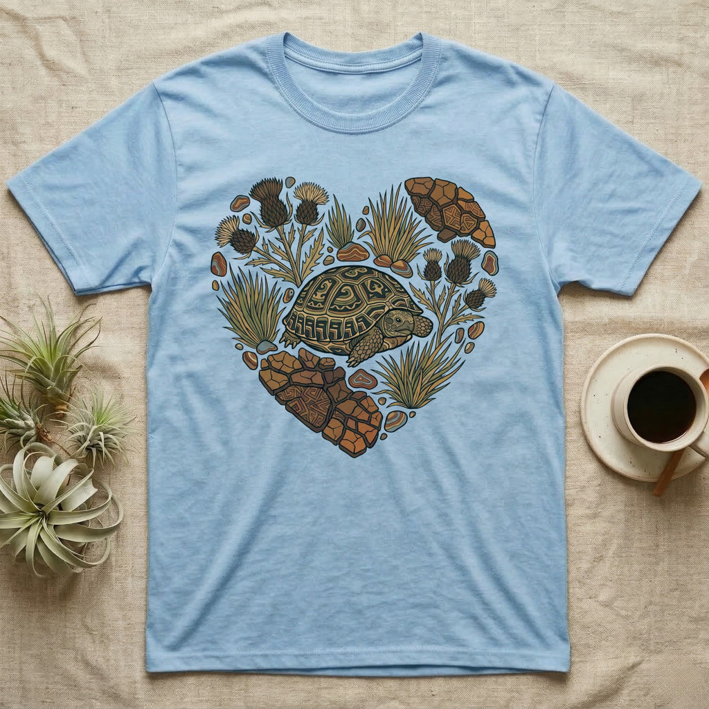 Light blue t-shirt with a heart design featuring a tortoise and desert flora.