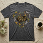 Dark grey t-shirt with a heart-shaped design of eucalyptus leaves, branches, and a snake.