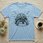 Sulcata Tortoise Charcoal Grit T-Shirt in Light Blue — Sulcata tortoise drawn head-on in scribbled charcoal grit, legs braced wide, zigzag bolts thrown out around it.