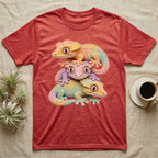 Stacked colorful geckos on a red heather t-shirt.