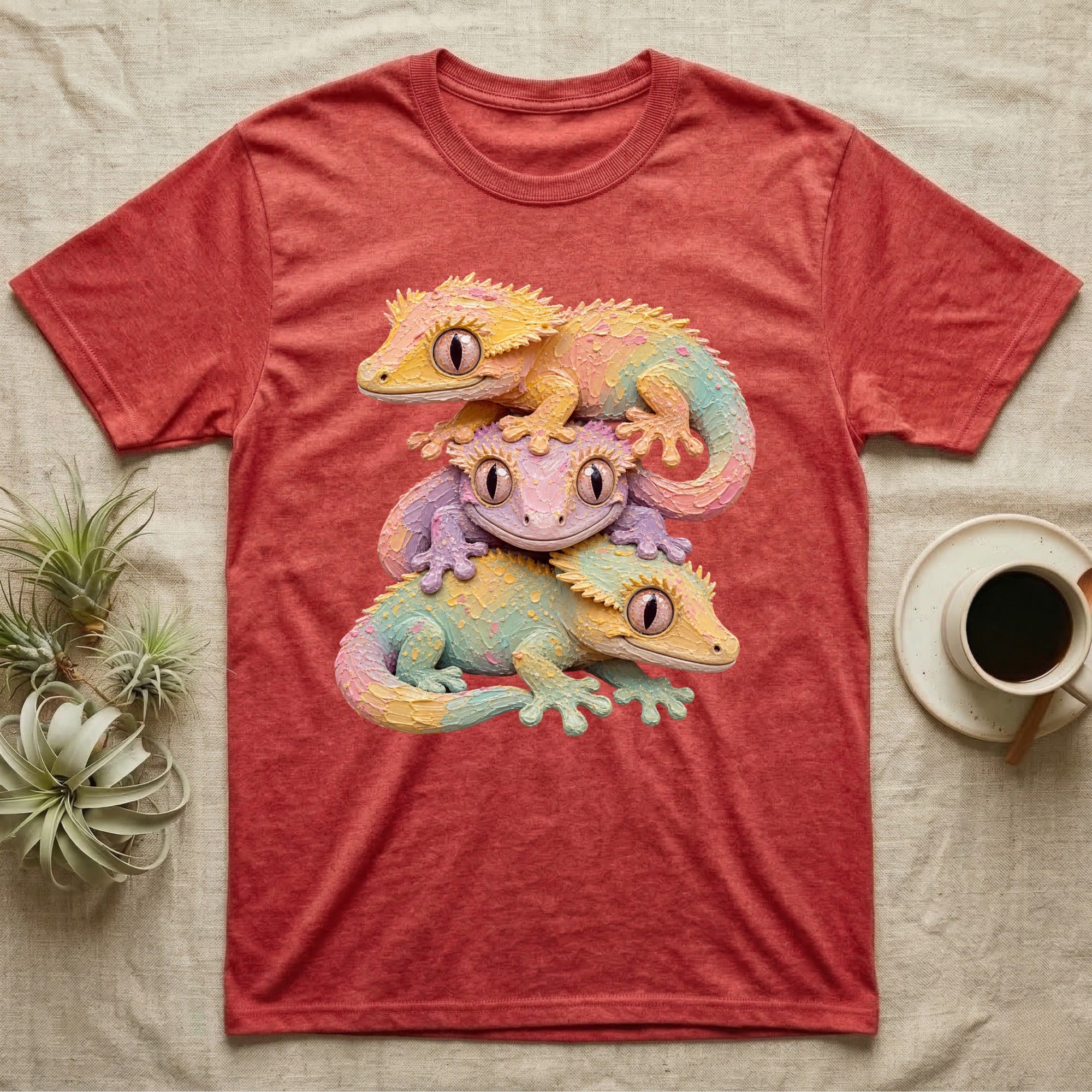 Stacked colorful geckos on a red heather t-shirt.