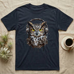 Dark t-shirt with graphic of an owl wearing headphones, coffee cup and plants nearby.