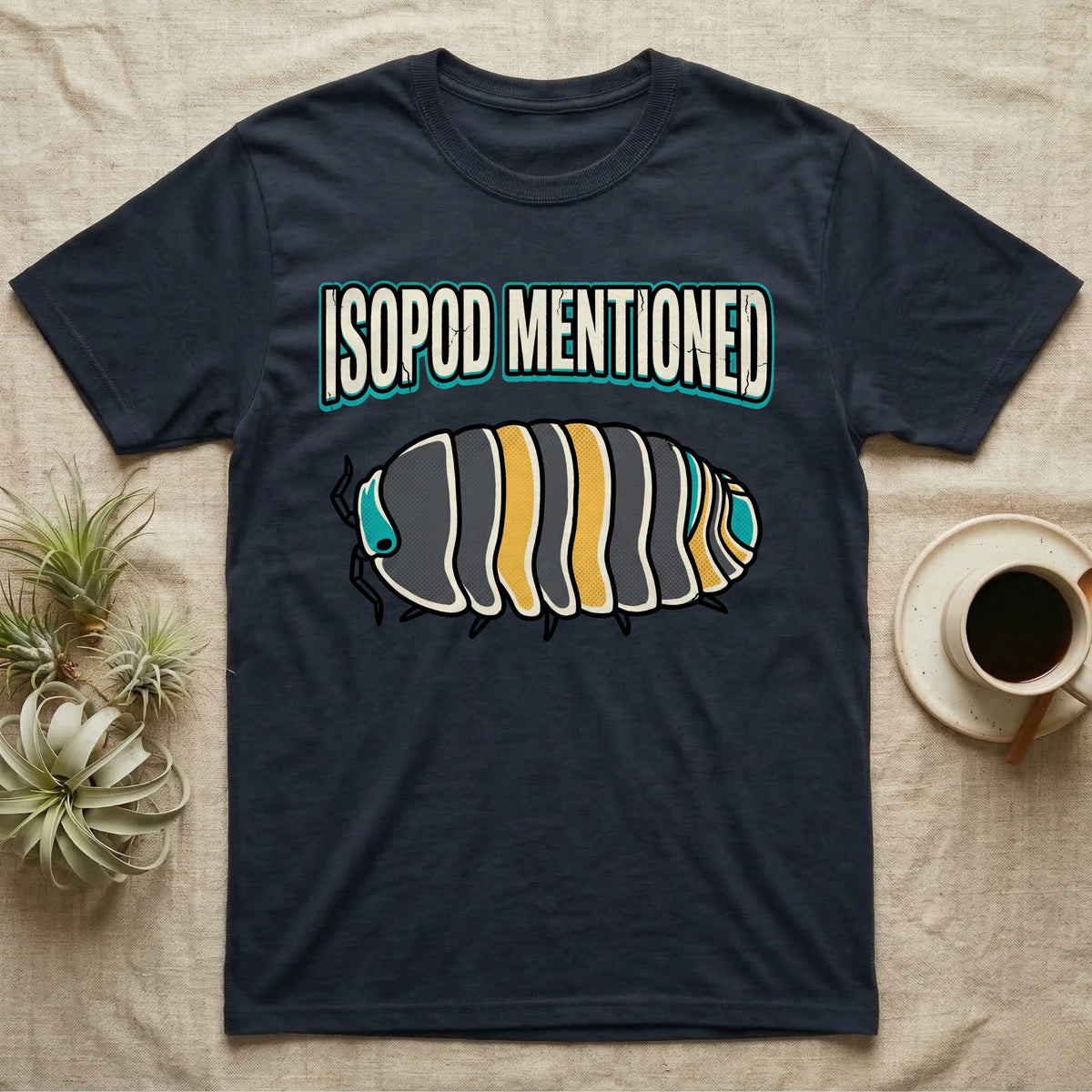Isopod Mentioned T-Shirt in Navy — Bold-vector illustration of a rubber-ducky Cubaris isopod hero under big block caps reading Isopod Mentioned.