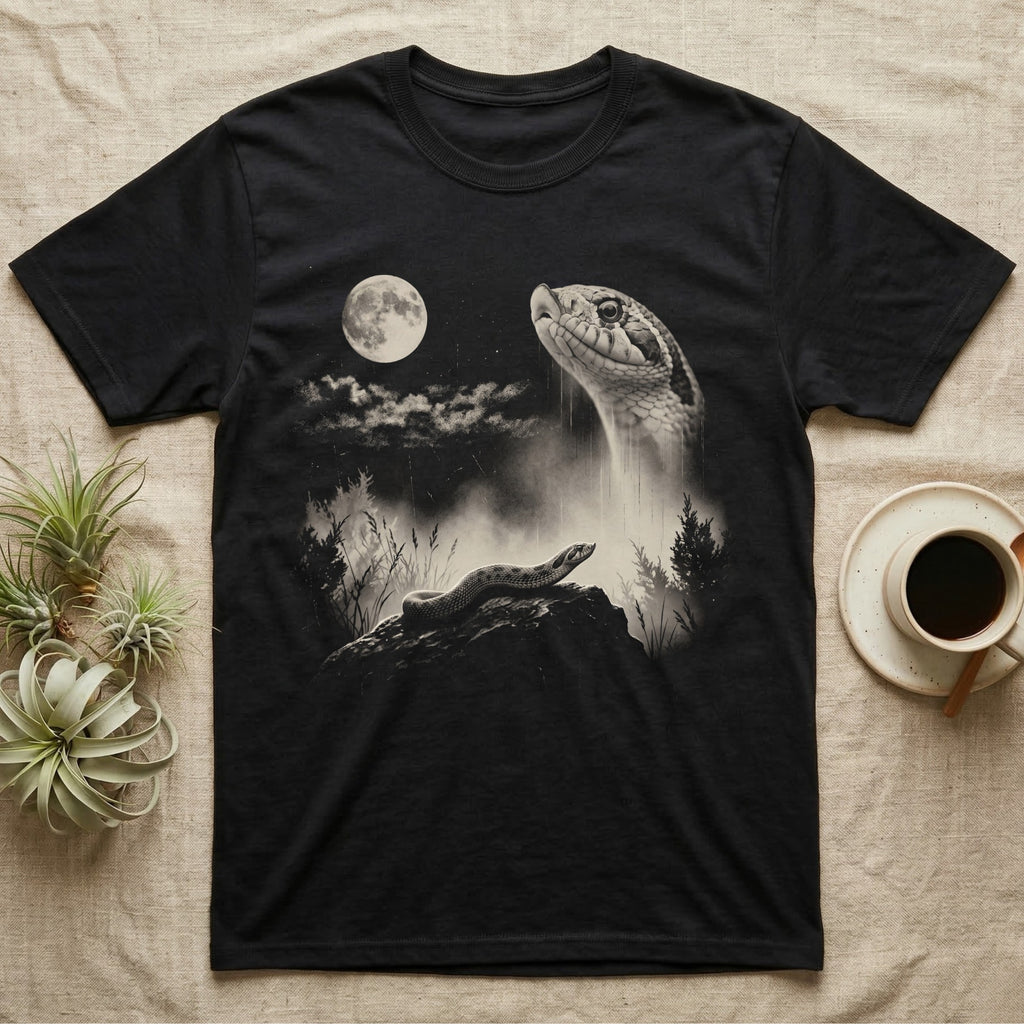 Hognose Spirit Moon T-Shirt in Black — Cream one-ink print of a western hognose on a rock under a full moon, its giant ghostly head in the night sky.