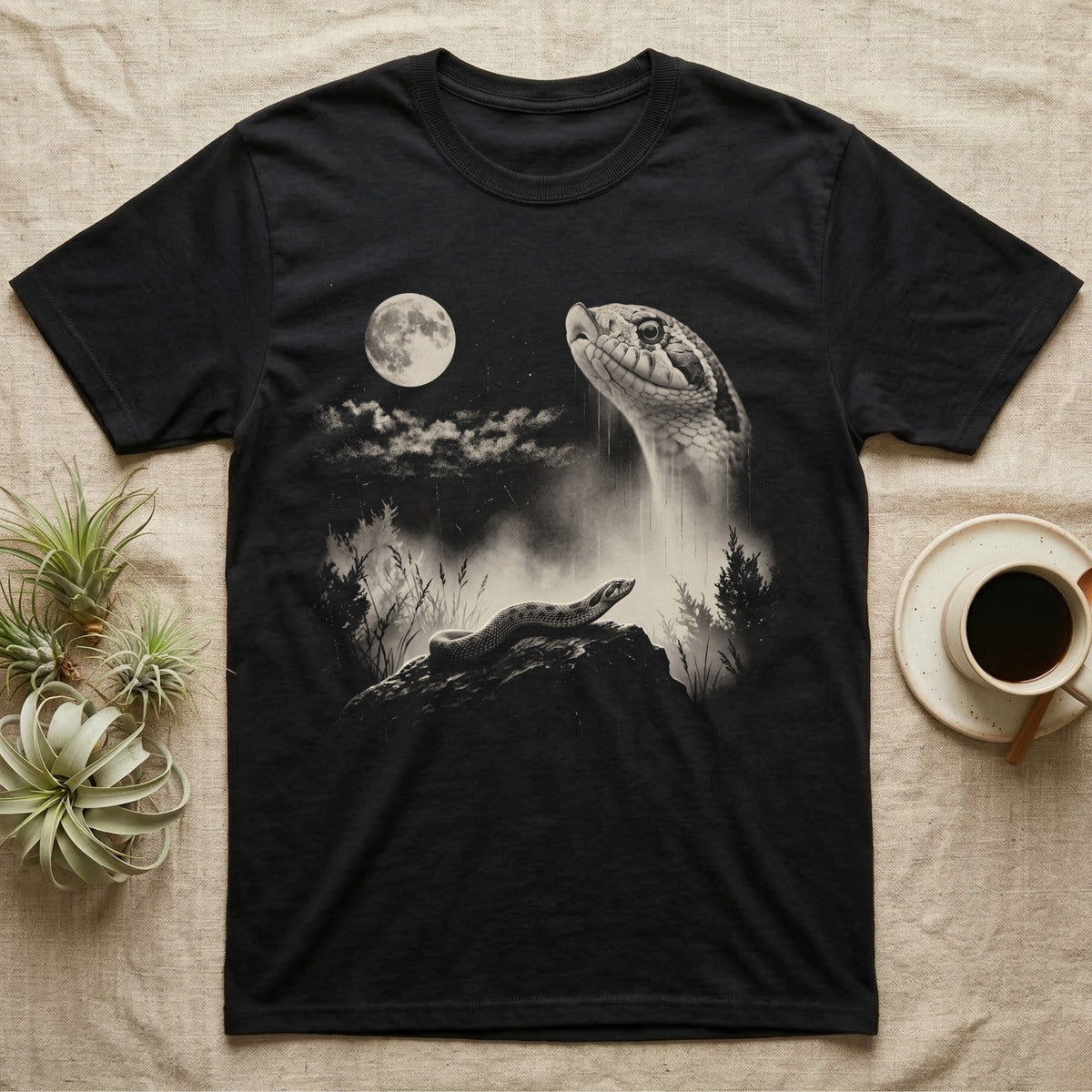 Hognose Spirit Moon T-Shirt in Black — Cream one-ink print of a western hognose on a rock under a full moon, its giant ghostly head in the night sky.