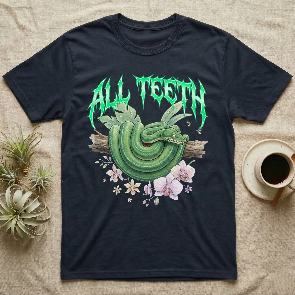 Emerald Tree Boa Feral T-Shirt in Navy — Coiled emerald tree boa on a branch below a dripping emerald-green metal "All Teeth" wordmark