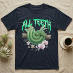 Emerald Tree Boa Feral T-Shirt in Navy — Coiled emerald tree boa on a branch below a dripping emerald-green metal "All Teeth" wordmark